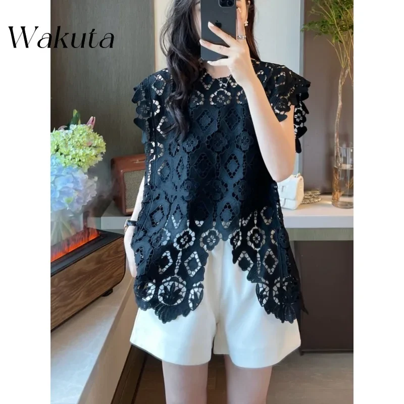 

WAKUTA Ins 2024 Women's Irregular Round Neck Sleeveless Hollow Tank Top Loose Lace Tee Fashionable Retro Hawaiian Beach T-Shirts