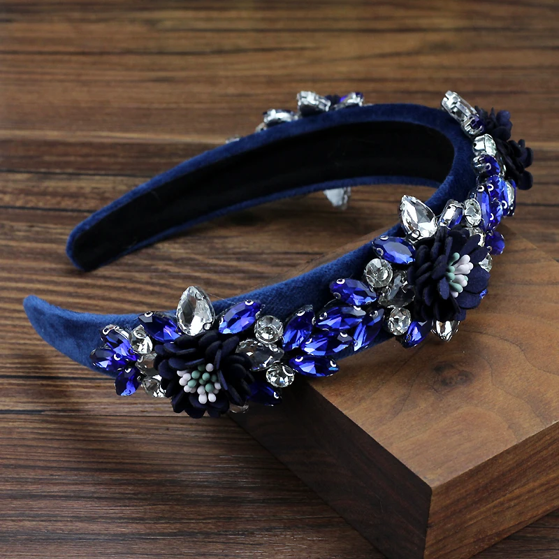 Handmade Gorgeous Blue Navy Red Crystal Flower Headbands Luxury Rhinestone Women Baroque Hairbands For Wedding Party