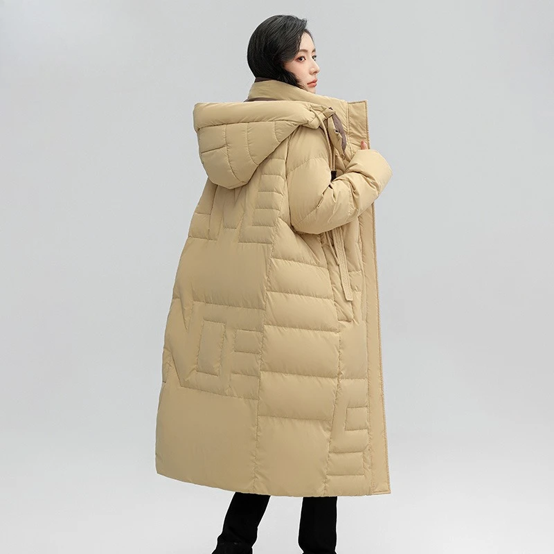 2025 الشتاء طويل أسفل سترة الرجال النساء الفاخرة خفيفة الوزن مقنعين أوزة أسفل سترة دافئة الشارع الشهير الثلوج سميكة سترة منفوخة #2