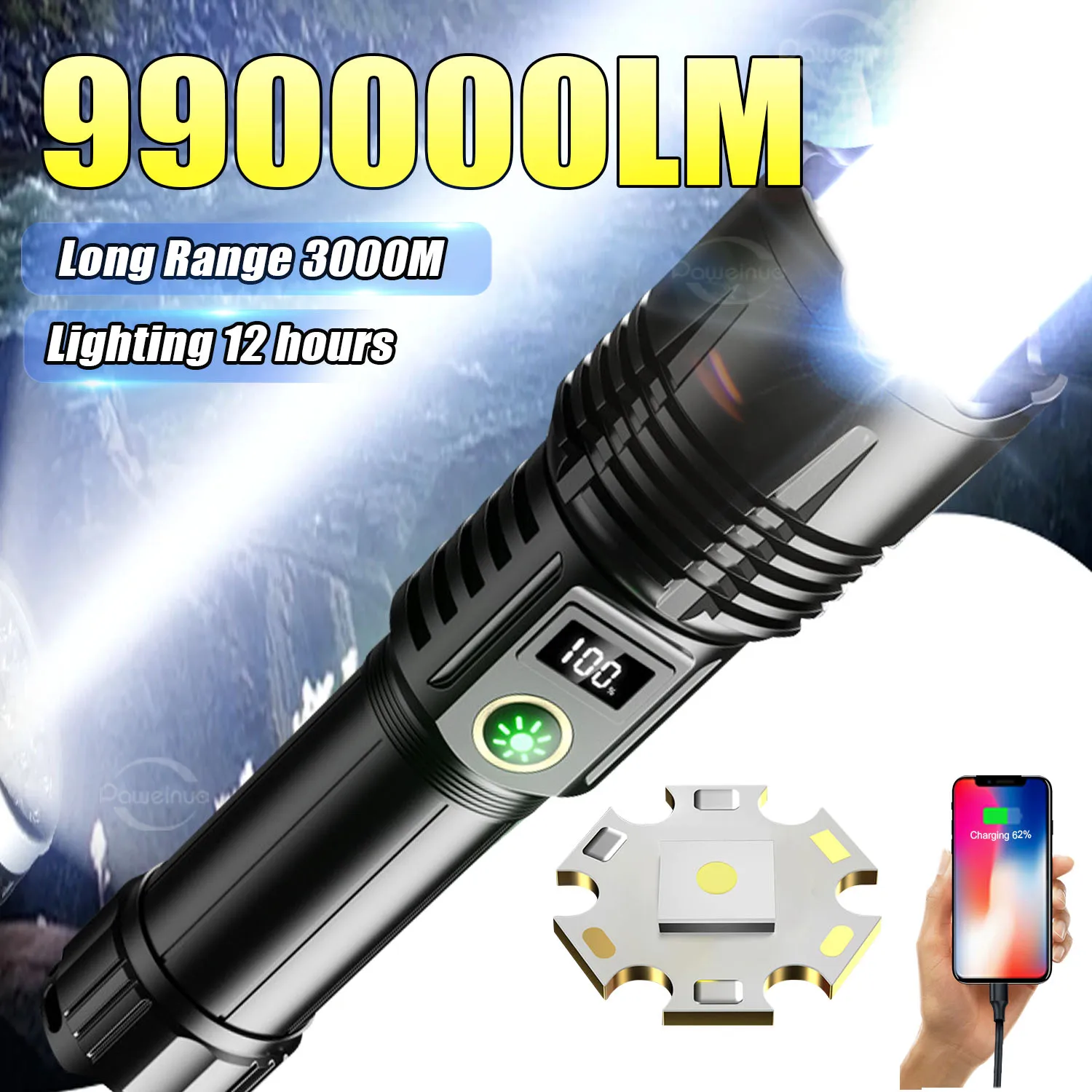 990000LM Most Powerful Flashlight Type-c Recharge 3000M Spotlight Tactical Flash Light 5000mAh High Power Led Flashlights Torch