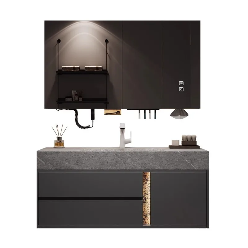 

Solid wood slate hot curved basin bathroom cabinet bathroom sink light luxury style washroom cabinet