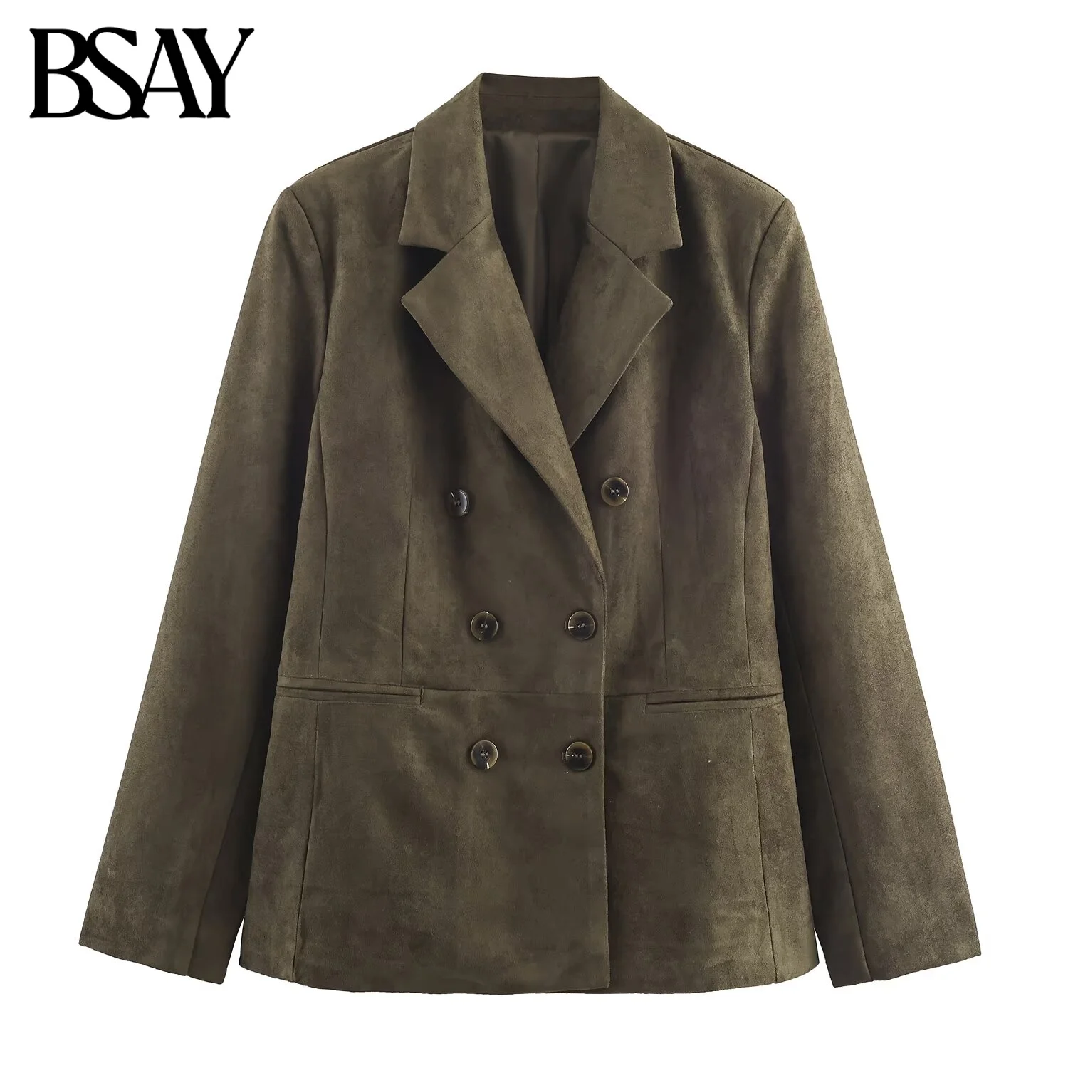 

BSAY Leather Blazers for Women Fashion Autumn Winter New Solid Color Long Sleeve Double Breasted Suit Jacket Chic Female Coat
