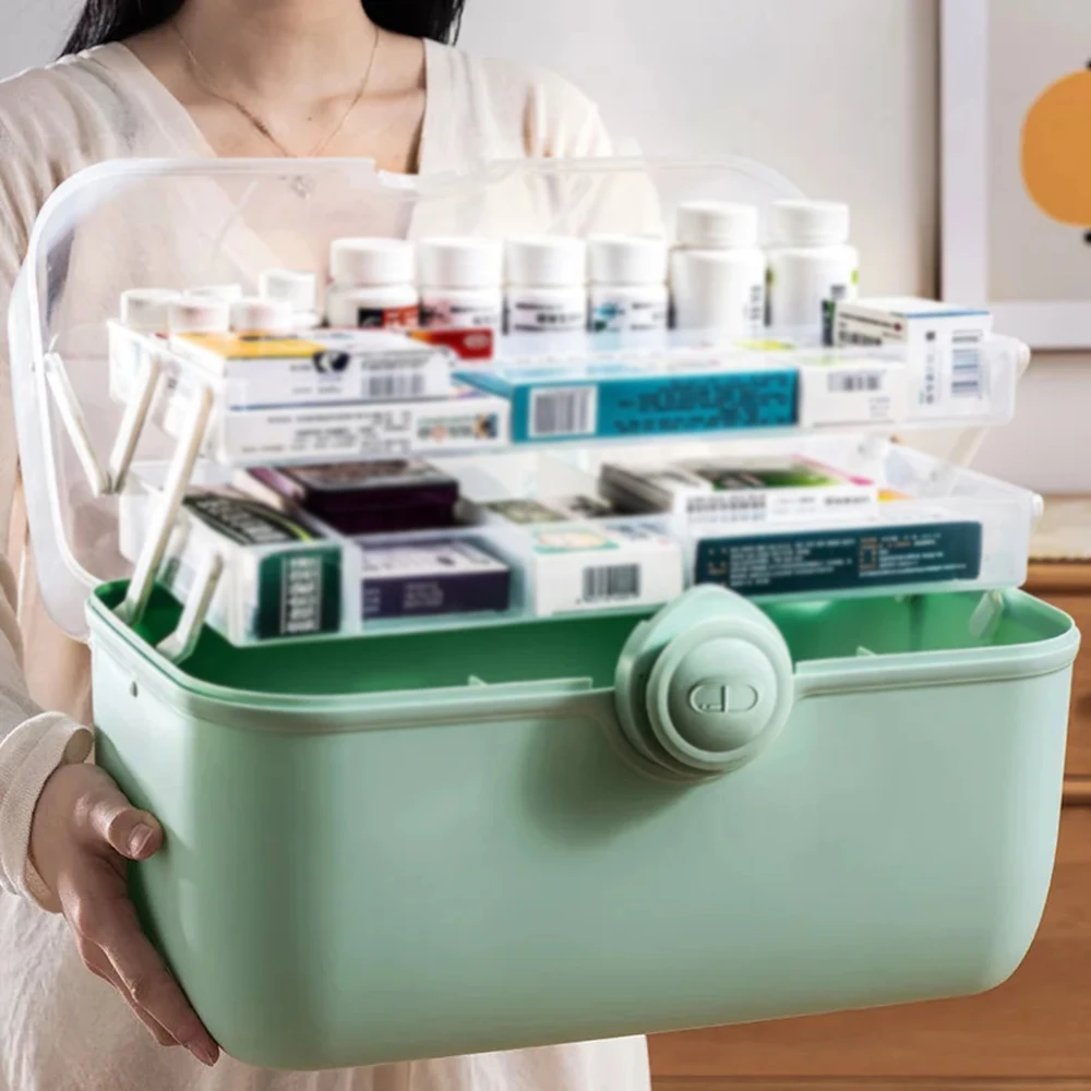 3層大容量薬箱ポータブル折りたたみプラスチック素材防塵薬収納ボックス旅行家庭用救急箱