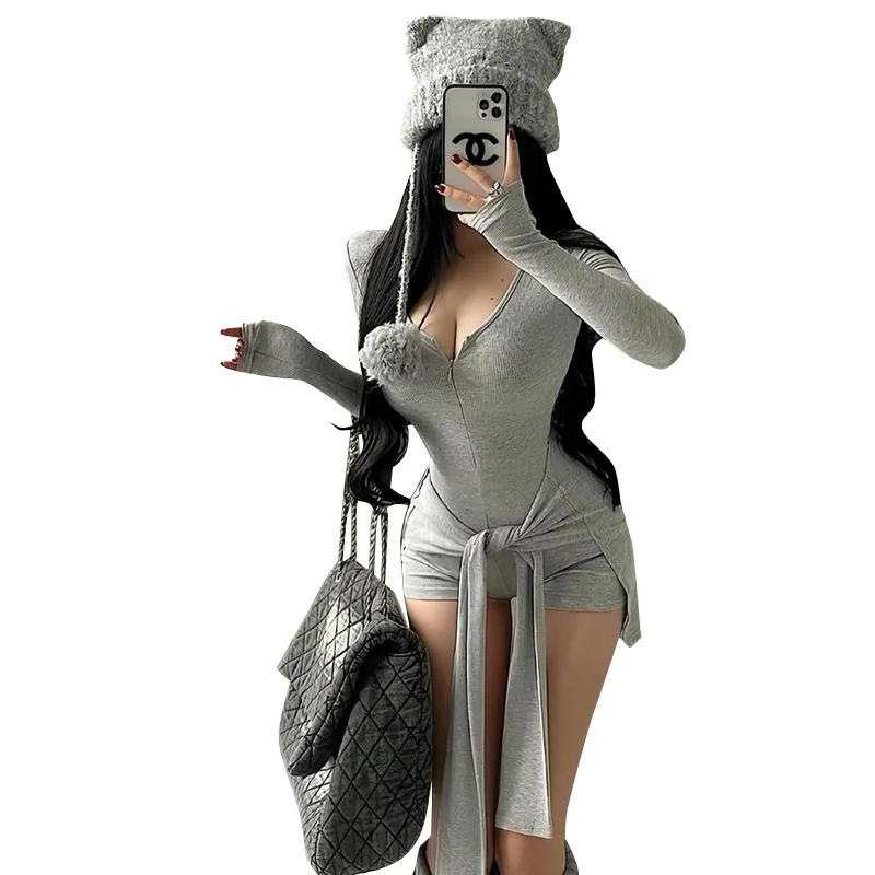 하이웨이스트 허리 조임 점프수트 라운드 넥 긴팔 여성 원피스 편안한 핏 하이웨이스트 폴리에스터 원단