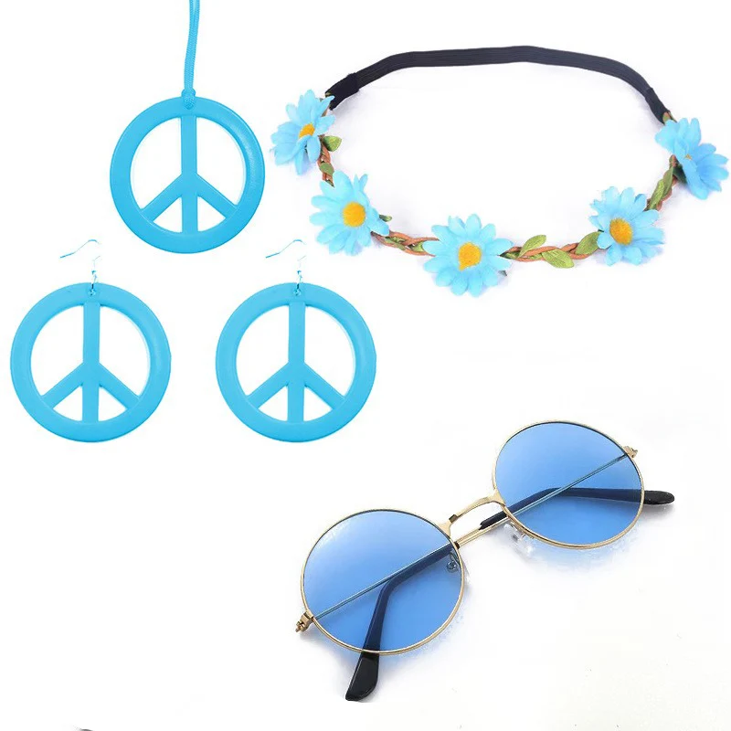 1pcs Costume Set Includes Peace Sign Necklace and Earrings, Flower Crown Headband and Hippie Sunglasses 70s Accessories