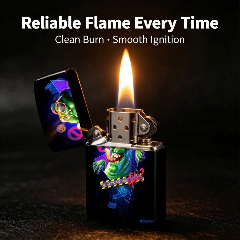 Pocket Lighter, Flip-Top Windproof Design, Cartoon Character with Glasses and Hat Holding Hot Dog Graphic, Metal Case, Comfortable Grip, Portable & Durable