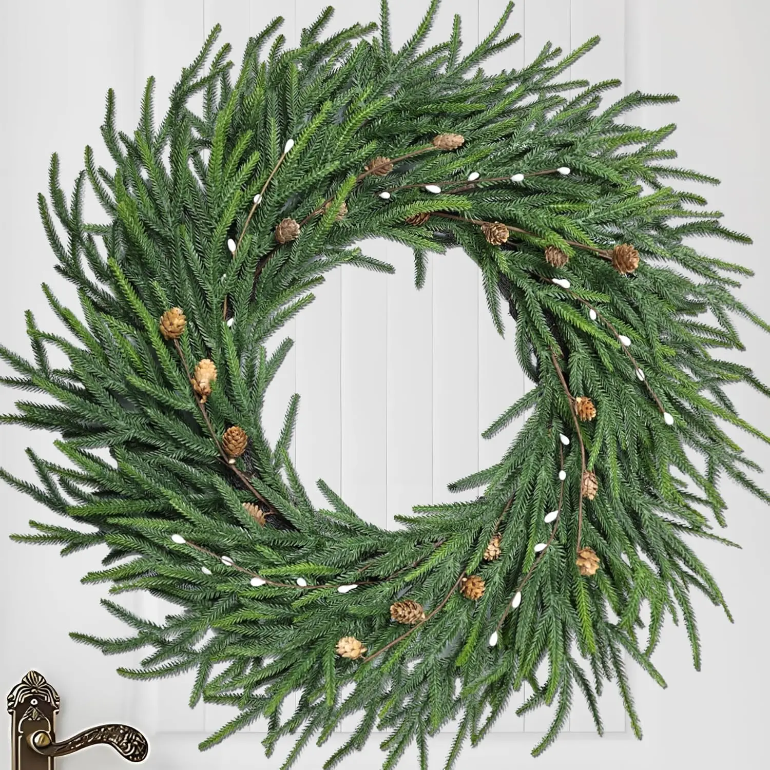 

24" Pine Wreath – Real-Touch Christmas Door Wreath with White Berries for Indoor & Outdoor Holiday Decor