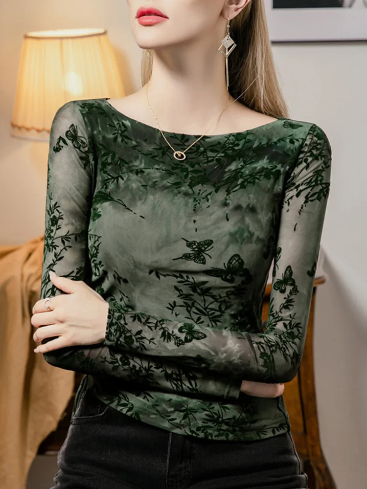 Top de malha estampado de pelúcia para mulher, ajuste fino 2025 outono novo item, uma gola plissada retalhos camisa base feminina