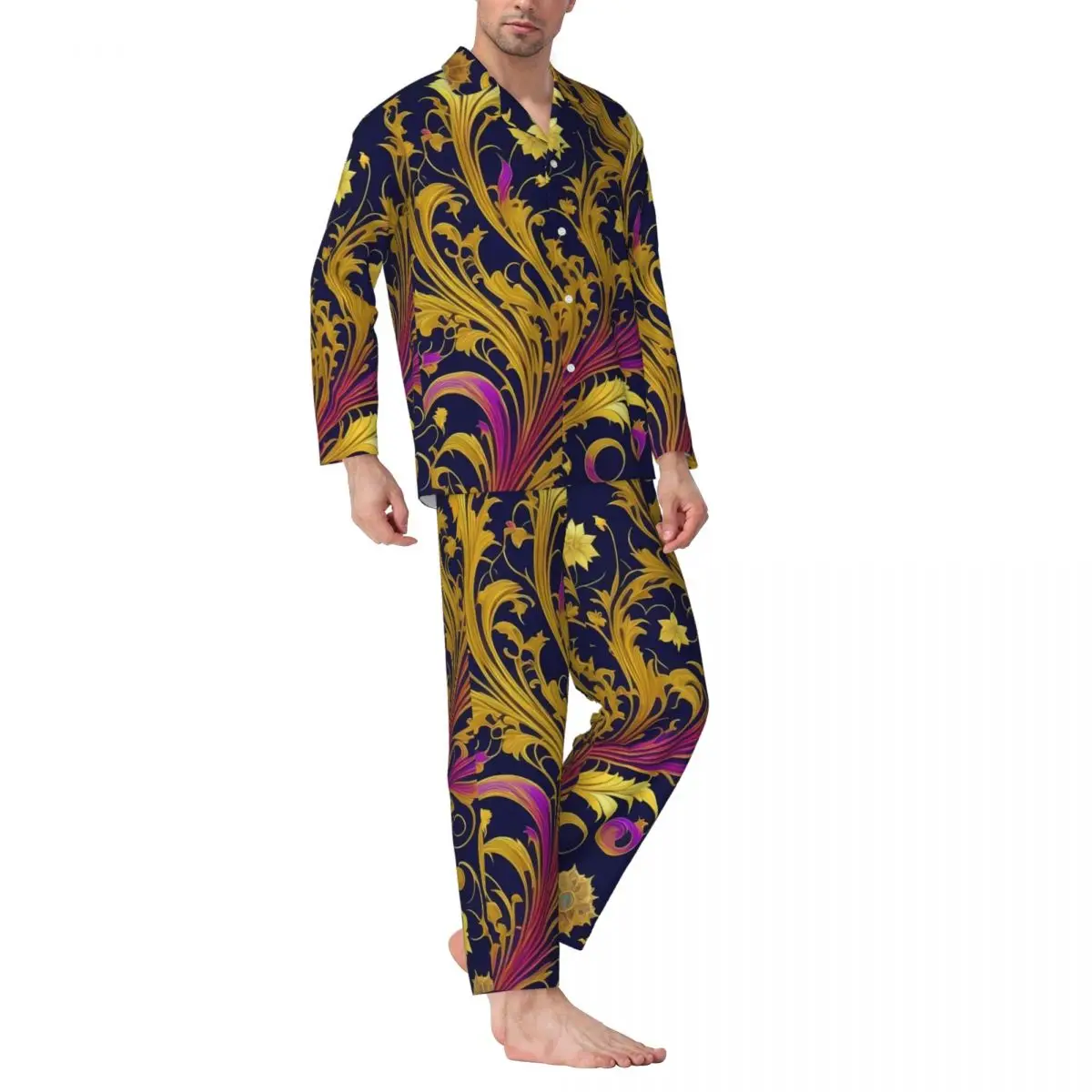 Art Nouveau Alphonse Pajamas Man Mucha Gold Leaves Floral Soft Night Sleepwear Autumn Two Piece Oversized Graphic Pajama Sets