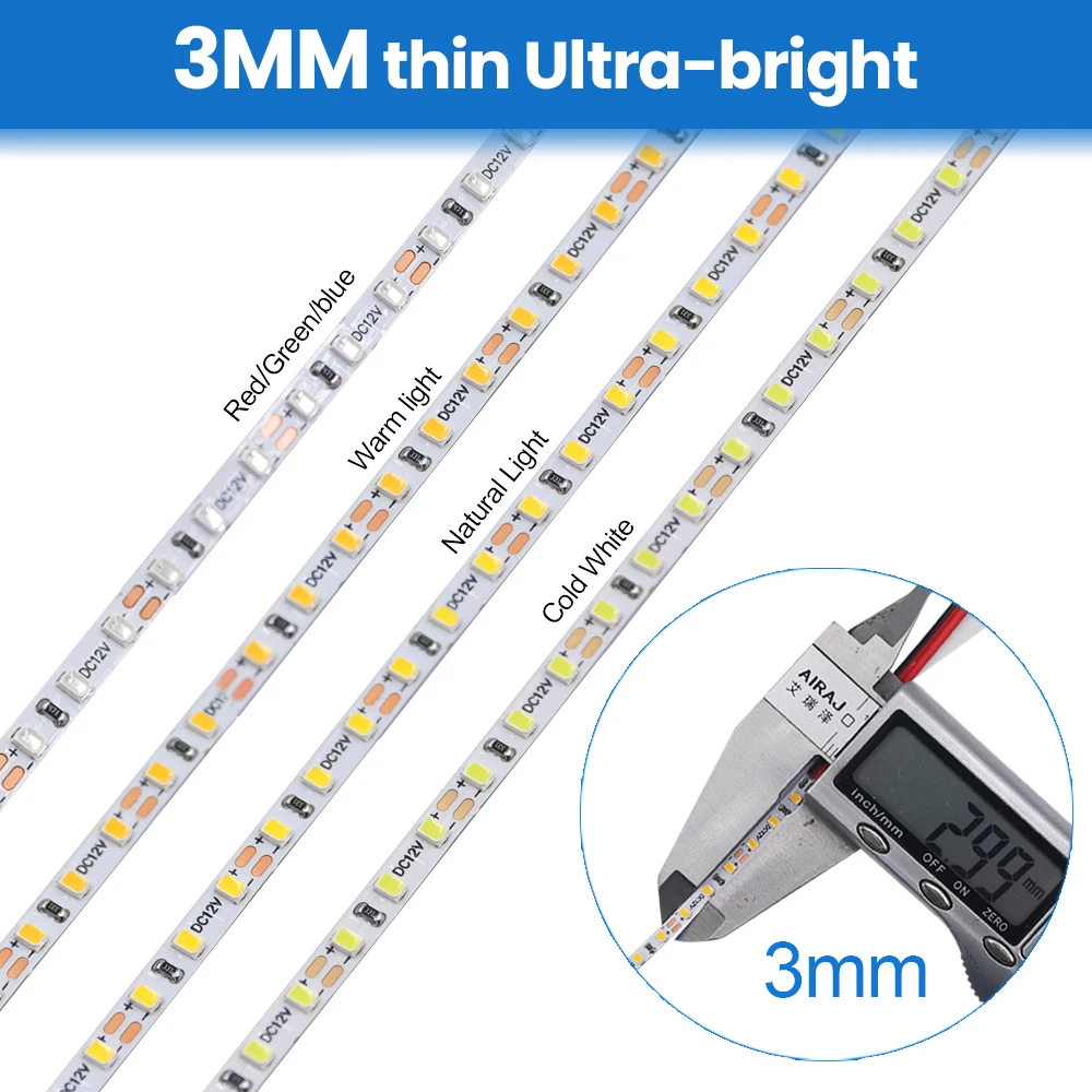 3mm Ultra Thin LED Strip 5M DC12V 2015 180Leds/m Rope Light Flexible LED Tape Light Red Green Ice Blue White Warm White 4000K