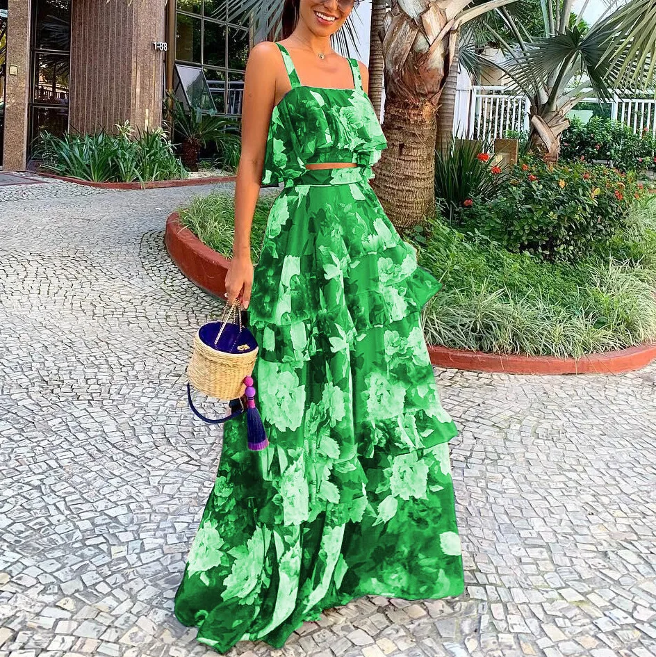 

Two-Piece Set Women Fasion Printed Spaghetti Strap Short Tops Summer Lady Party Dress Sets Vacation Ruffled Gown Maxi Skirt Sets