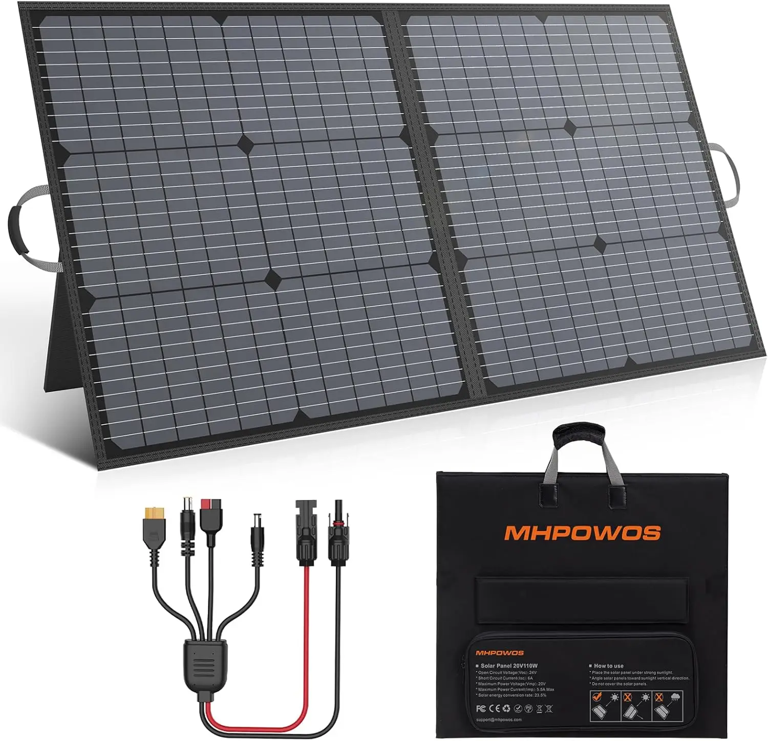 110W Portable Solar Panel, IP67 Waterproof Foldable Kit with 20V Output for Outdoor Camping and Power Stations