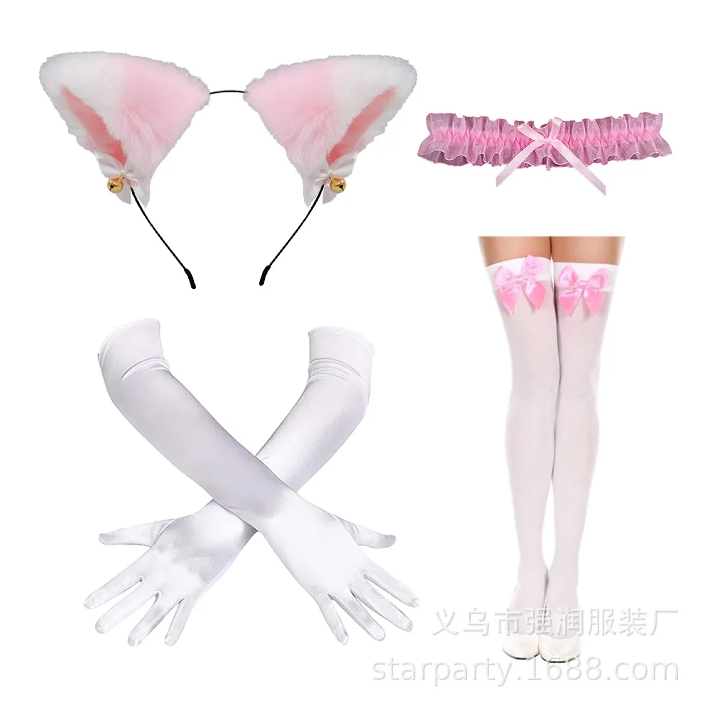 Cat Girl Costume Accessories Set Cats Ear Headband Lace Collar Gloves Socks Suit Women Halloween Cosplay Performance Props