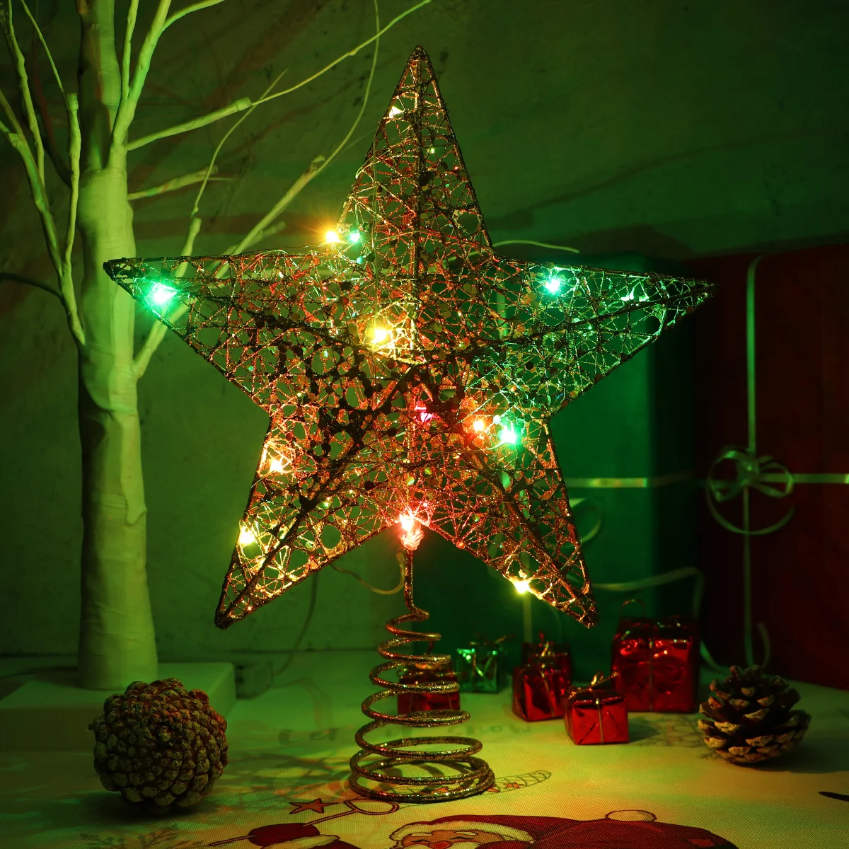 

Silver Christmas Tree Topper Star 25x30cm Colorful LED Lights Rustproof Iron Wire Easy Install Spring Stand Christmas Party