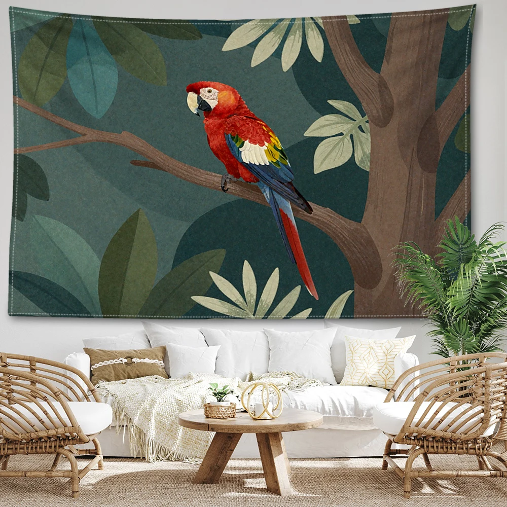 Blue Macaw Branch Leaf Printed Tapestry Wall Hanging Bohemian Style Bedroom Home Decor