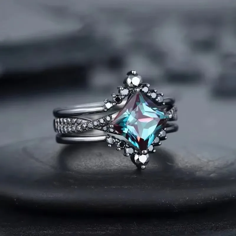 European and American new fashion black-plated gun geometric blue zircon inlaid personalized simple women's three-piece ring