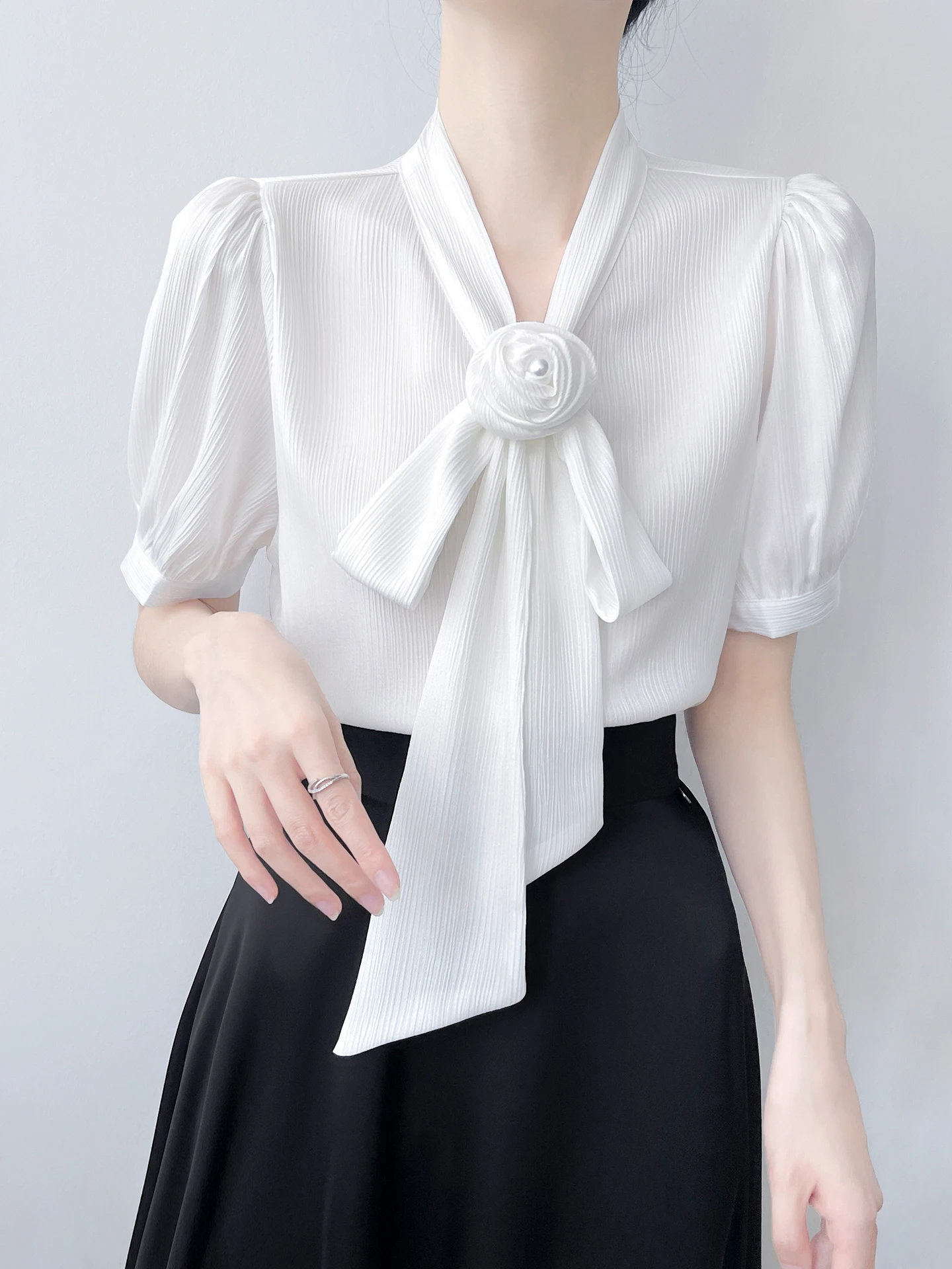 Korean Style Short Sleeve Silk Blend Shirt Women's Summer Commute  Knot Sash Detachable Flower Print Loose Fit Top