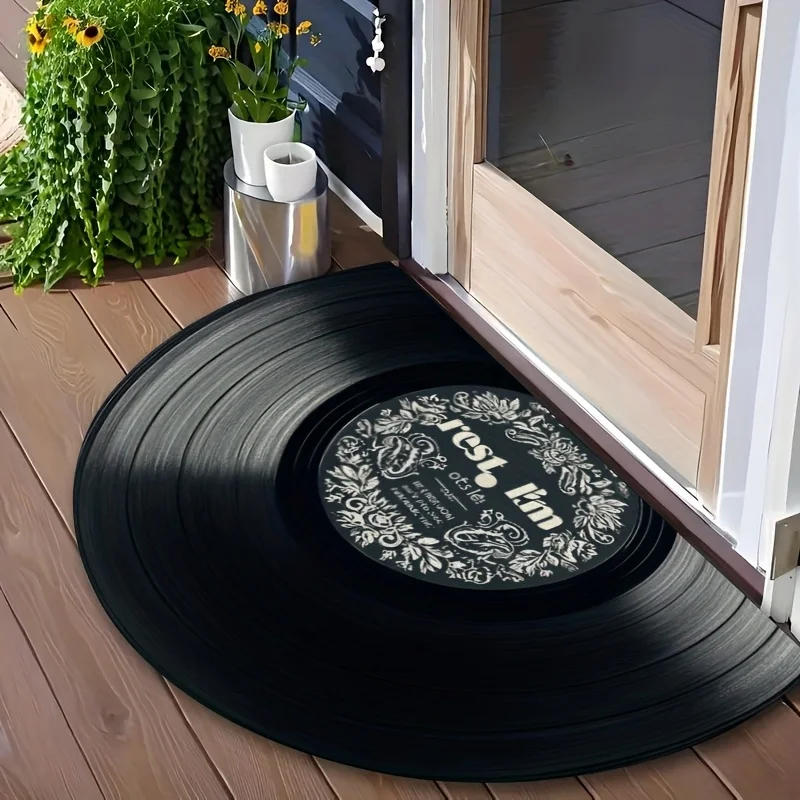 Vintage Vinyl Record Music Retro Black Half Round Carpet Mat Rug Home Decoration Entryway Door Classic Antique Non Slip