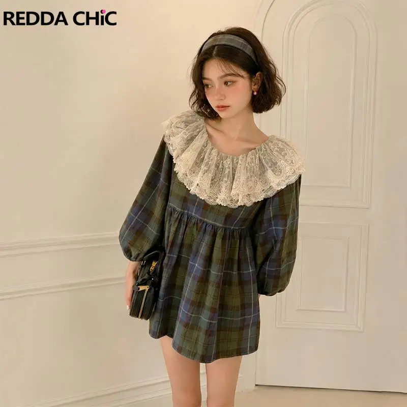 REDDACHiC Babydoll Lace Peter Pan Collar Women Blouse Cottagecore Lantern Long Sleeves Checkered Shirt Vintage Autumn Clothes