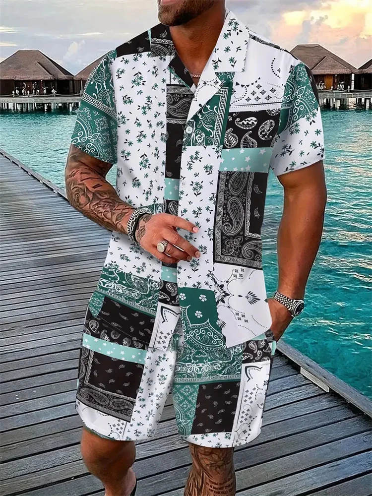 New Men's Short Sleeve Shirt And Shorts Set Fashion Cashew Flower Print Single Breasted Short Sleeve Shirt And Drawstring Shorts