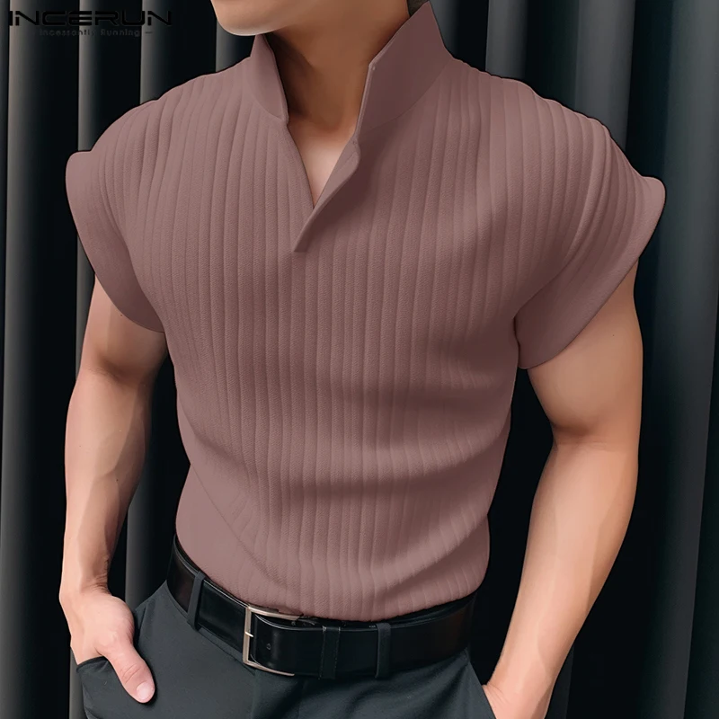 INCERUN 남성 티셔츠 니트 솔리드 컬러 라펠 반팔 캐주얼 남성 의류 여름 스트릿웨어 2025 패션 티탑스 S-5XL