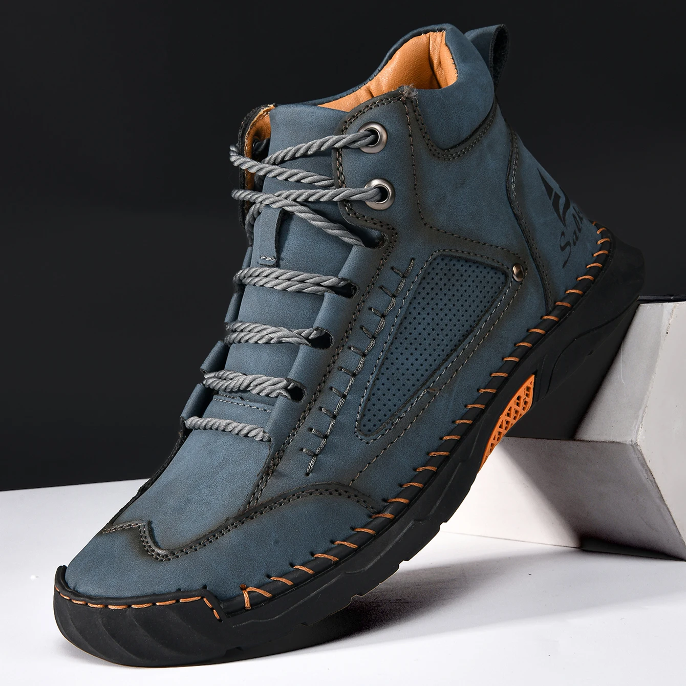 Hand-nähen Casual Leder Schuhe Männer Stiefel Outdoor Herbst Retro Atmungsaktive Casual Schuhe Lace Up Blau Stiefeletten Winter