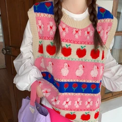 Japanese Preppy Style Kawaii Knitted Vest Women Sweet O-Neck Contrasting Colors Cartoon Waistcoat Girl Y2k Cute Pullover Sweater