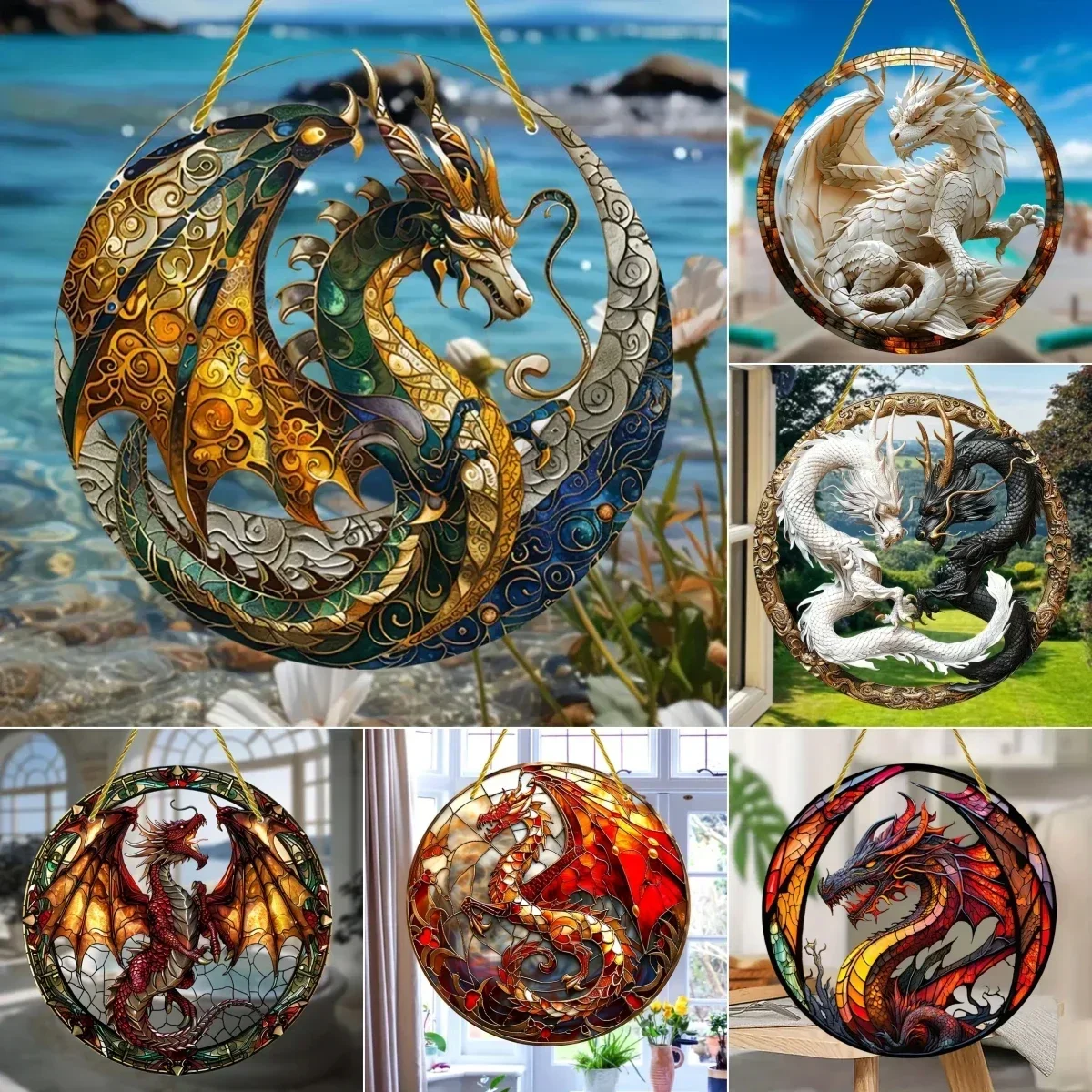 Flying Dragon Print Translucent Stained Glass Suncatcher Acrylic Signs Hanging Round Plate Bedroom Home Decoration Wall Plaques