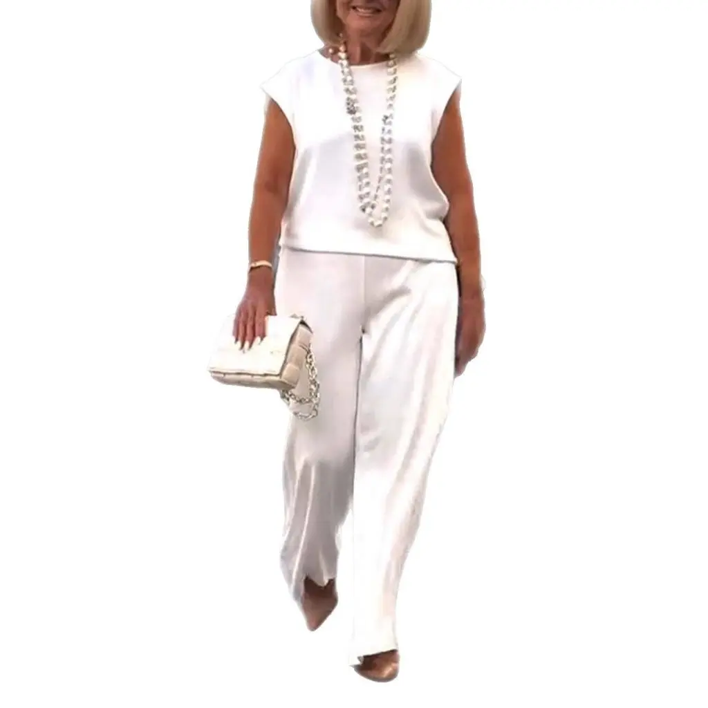 

Women's Solid Color round Neck Sleeveless Top And Pants Set Spring/Summer New European American Style Independent Station