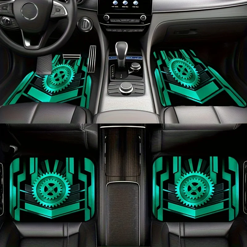 4pcs Black Green Gear Industrial Embossed Car Floor Mats, Trendy Durable Non-Slip Universal Fit For Cars Trucks SUVs - Perfect G