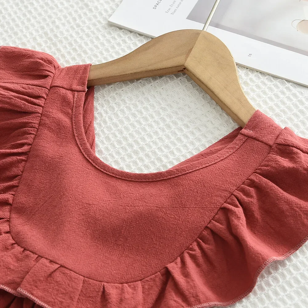Bear Leader Cotton Red Dresses Baby Girls Solid Color Backless Casual Wear 2 -6Y Round Necked Wooden Ear Edge Kids Clothes image 4