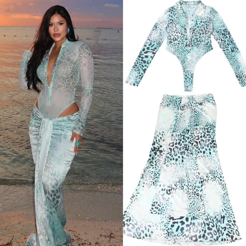 

Women's Leopard Mesh 2 Piece Set See Through Bodysuit And Ruched Tie Maxi Skirt Y2K Sexy Vacation Beachwear Club Party Outfits