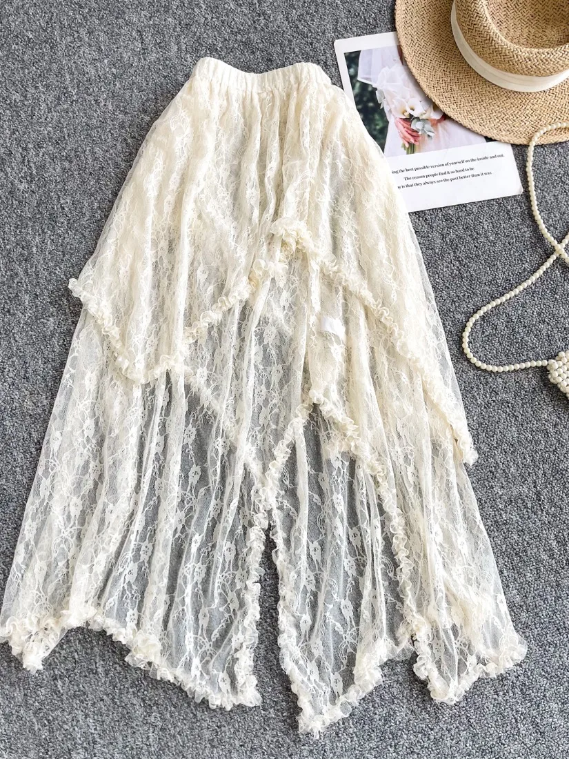 

Foamlina Mesh Lace Skirt Women High Street Solid Color Elastic Waist Hollow Out Floral Trimed Irregular Long Fairy Skirt Outfits