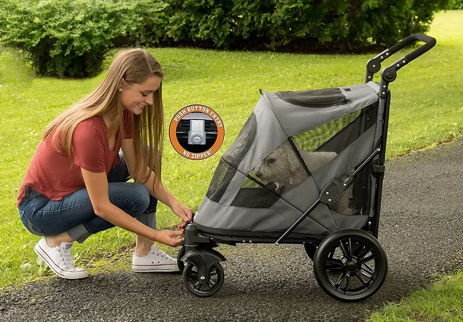 NO-Zip Pet Stroller with Dual Entry, Push Button Zipperless Entry for Single or Multiple Dogs/Cats, No Need to Lift Pet, USA