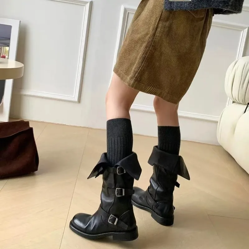 Washed Leather Boots Long Tube Autumn Winter New Style Buckle High Tube Long Women's Shoes Round Toe Low Heel Thick Sole