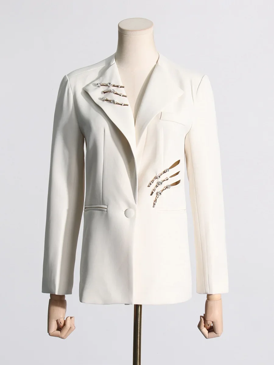 Blazer à col en V pour femme, costume blanc cristal, veste en coton, tenue formelle, vêtements de travail d'affaires, manteau chaud pour fille, dame de bureau, automne, 1 pièce