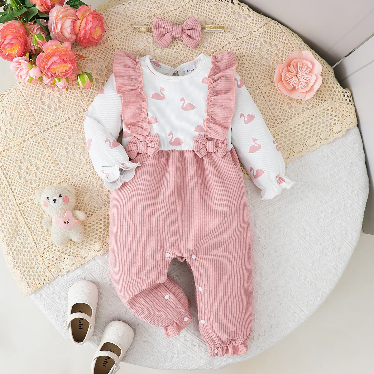 Baby Girl Jumpsuit Color Blocked  Ruffled Long Sleeved Jumpsuit+Headband Suitable 0-12 Month Baby Girl autumn Fashion Clothing
