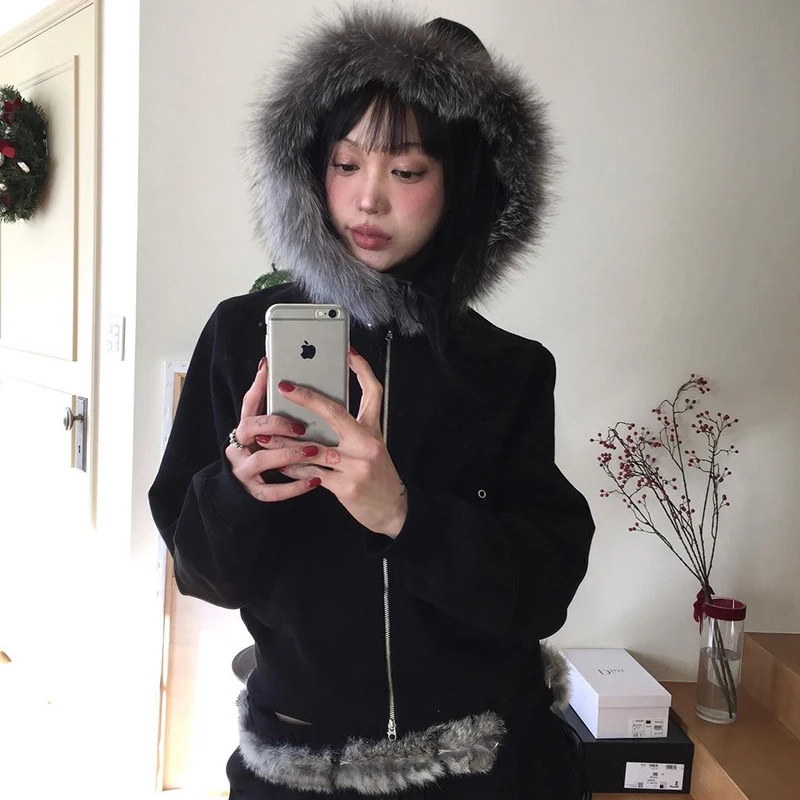 Karrram Japanese Y2k Fur Coat Women Vintage Korean Style Black Hooded Jacket Grunge Aesthetics Fur Collar Zipper Coat Thin 00s