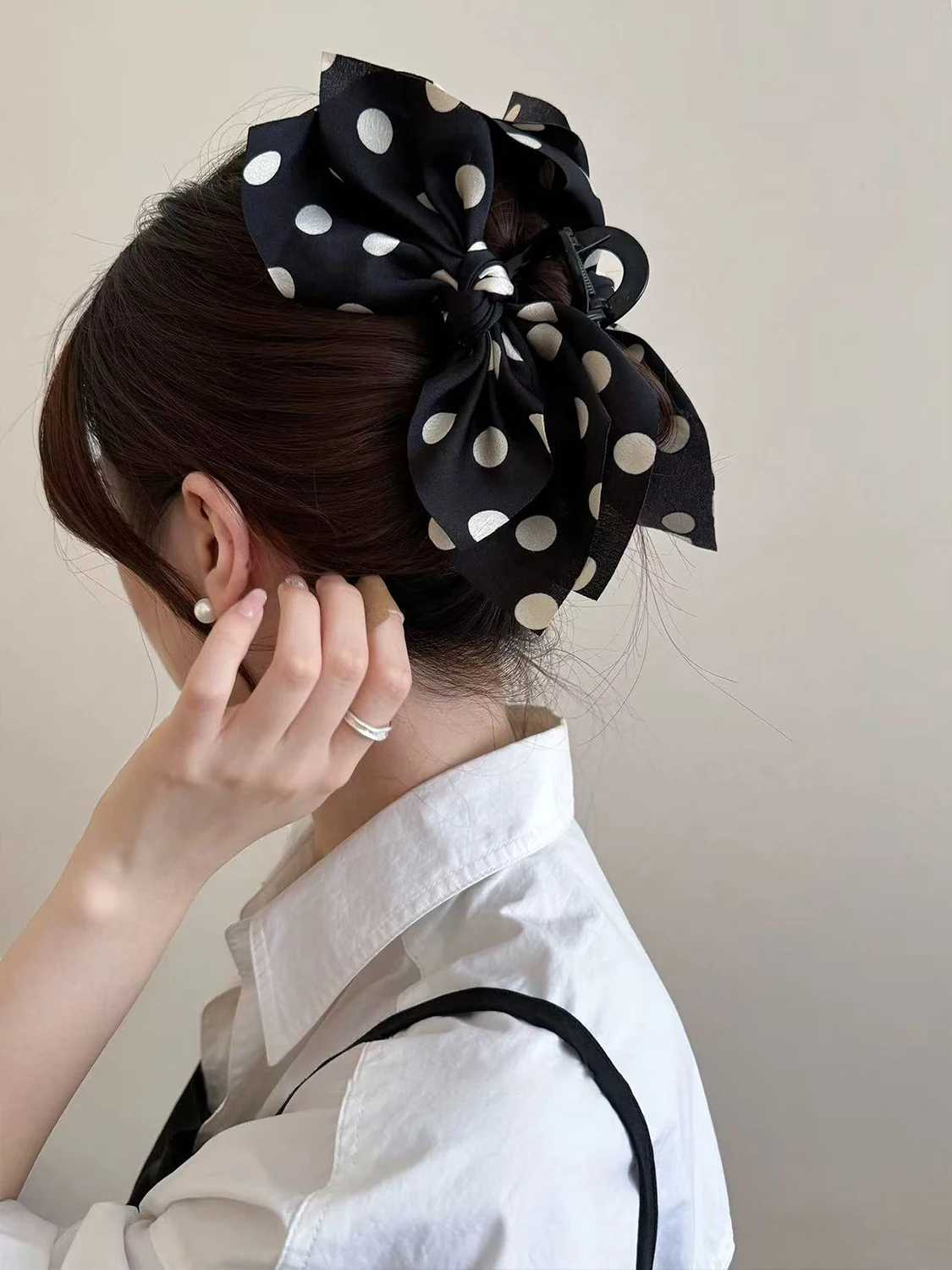 1pc French polka dot satin big bow hair claw,chic hair clip for the back of the head,shark clip headwear suitable for thick hair