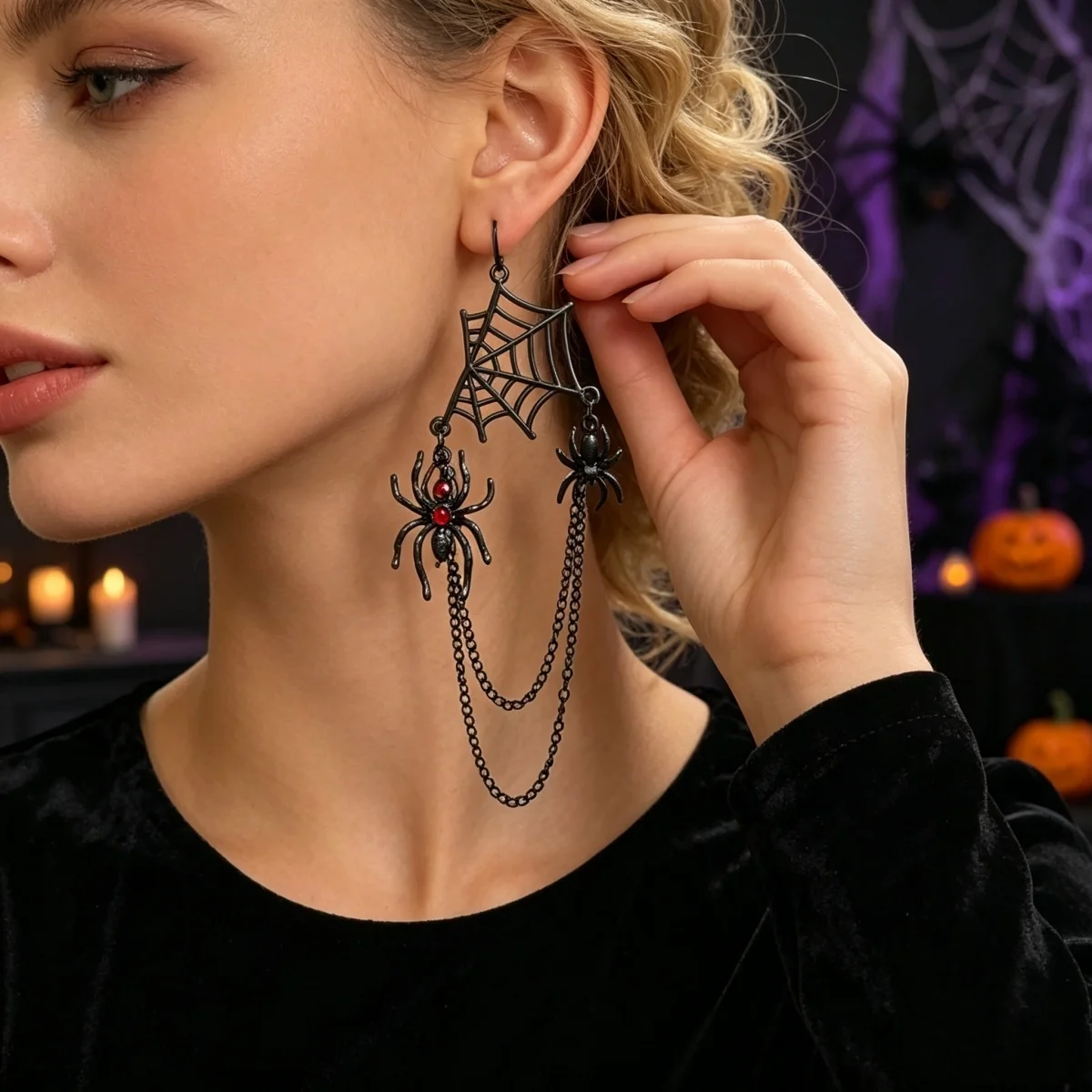 Dunkelschwarze Halloween-Spinnennetz-Ketten-Quasten-Ohrringe für Damen, Cosplay-Party, Insekten-Spinnennetz-Ohrringe, Gothic-Schmuck – Detail 6