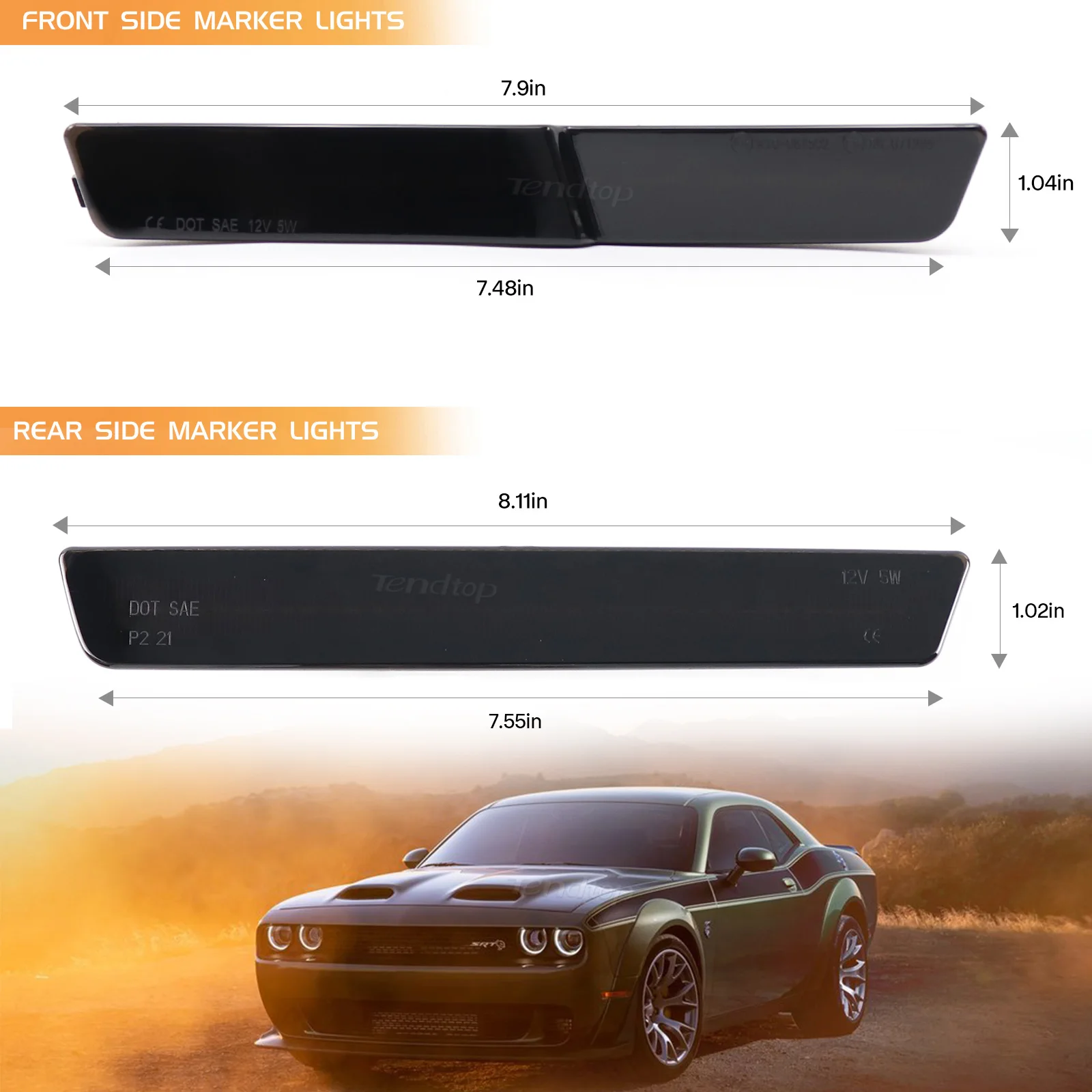 4x For 2018- Dodge Challenger Scat Pack SRT Hellcat and SRT Hellcat Redeye Widebody Smoked LED Front and Rear Side Marker Light