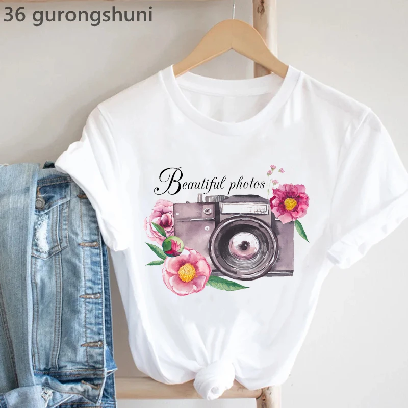 Beautiful Photos Camera Print T-Shirt Women Watercolor Flowers Tshirt Femme Harajuku Shirt Summer Short Sleeve T Shirt Female