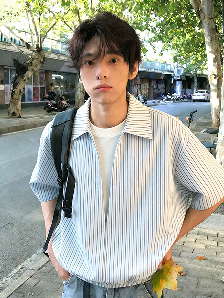 Men's Summer V-Neck Striped Short Sleeve Ice Silk Shirt Casual Style Loose Fit Fake Two-Piece Ice Sensation Korean Style Top