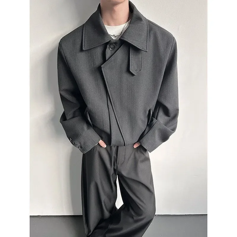 Men's Retro Stand Collar Jacket Spring  Autumn Cleanfit Stacked Placket Design Sense Casual Outerwear High Street Fashion Coat