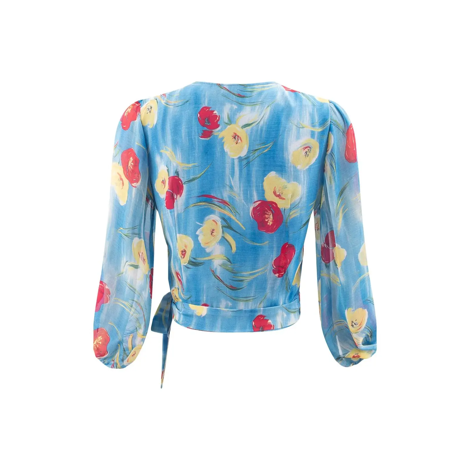 Spring Summer CHIC Cross V Collar Tie-dye Blue Floral Print Chiffon Wrap Shirt Women Long Puff Sleeve Tie Bow Hem Blouses Tops