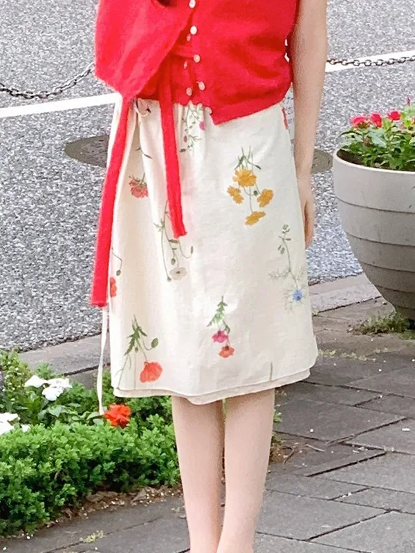 

Retro Korean Floral Print Half Skirt Women's Summer Fashion Slimming A-Line Midi Skirt Hip Covering Stylish Girls Skirt