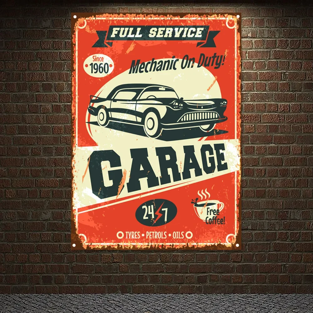 Retro CAR Garage SERVICE & REPAIR Poster Wall Art Flag Auto Repair Shop Banner Wall Painting Gas Station Man Cave Decor Sticker