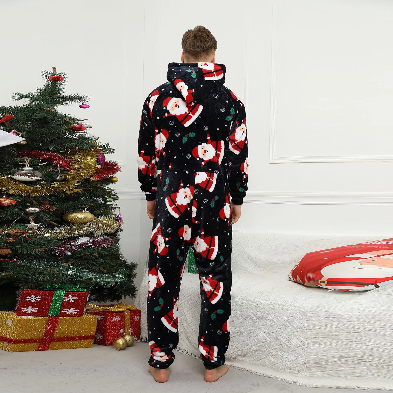 Men Christmas Wool Pajamas Solid Color Zipper Loose Hooded Jumpsuit Winter Warm One Piece Fleece Plush Sleepwear Clothes