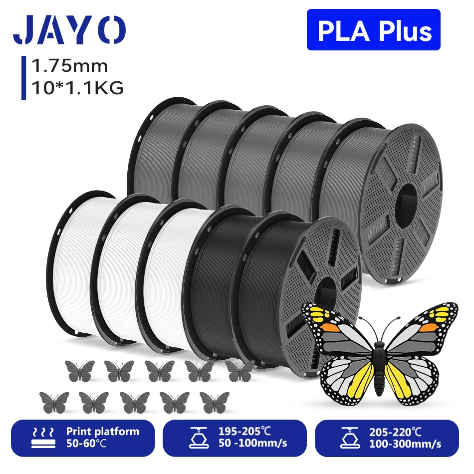 JAYO 10 Rollen PLA+ Filament 1,75 mm PLA Plus 3D-Drucker-Filament 1,1 kg/Rolle für FDM, ordentlich gewickelt, farbenfrohes 3D-Druckmaterial für 3D-Drucker & 3D-Stifte
