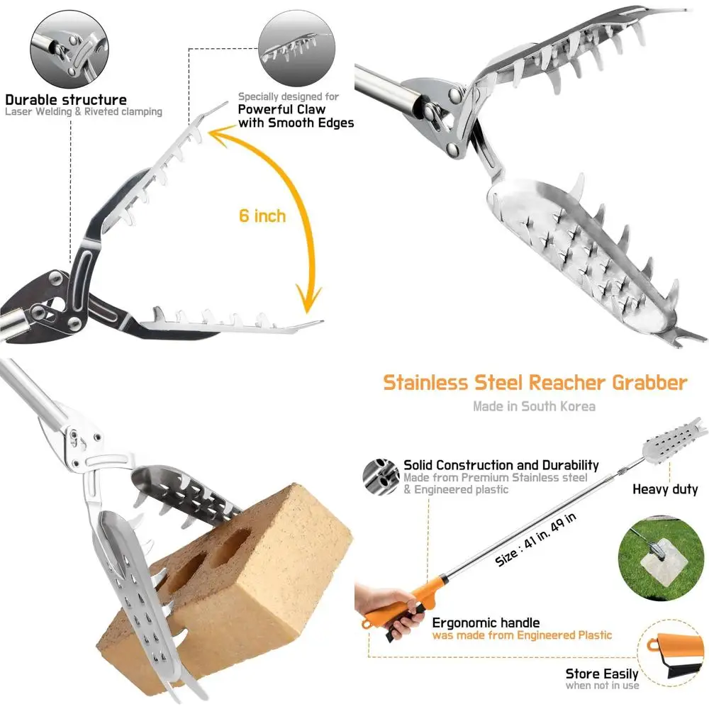 

49 Premium Stainless Steel Reacher: Heavy-Duty Outdoor Tool for Trash, Fireplace, BBQ, and Yard Work | Made in Korea